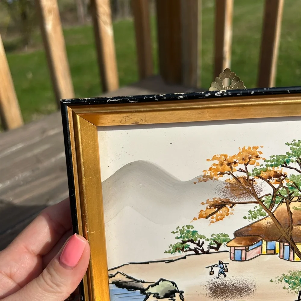 Vintage Japanese White w/ Black frame Landscape Water Fishing 7”x7” Japan - Picture 2 of 13